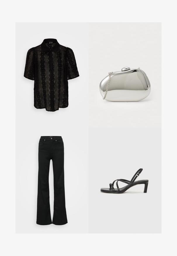 Black lace blouse featuring a collared neckline, short puff sleeves, vertical stripe patterns, and button closures down the front.; Black flared jeans made from denim, featuring a high waist, five pockets, and metal button closure. Smooth texture with minimal detailing.; Black strappy sandal with a square toe and a low block heel. Features multiple thin straps and an adjustable ankle strap. Made of smooth leather.; Silver metal clutch with a rounded, smooth shape. Features a clasp closure and a detachable chain strap. Reflective surface with no patterns.