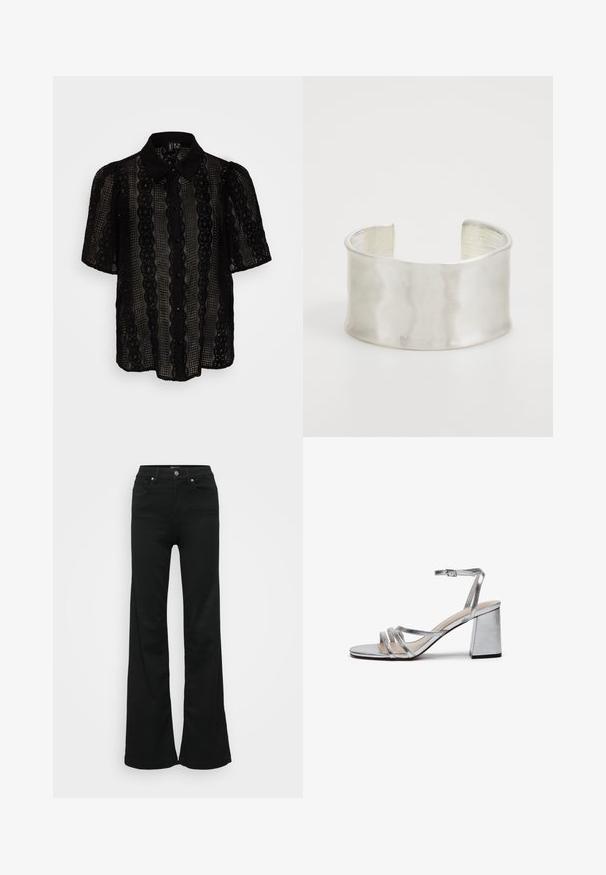 Black lace blouse featuring a collared neckline, short puff sleeves, vertical stripe patterns, and button closures down the front.; Black flared jeans made from denim, featuring a high waist, five pockets, and metal button closure. Smooth texture with minimal detailing.; Silver metallic high-heeled sandal with a block heel, thin ankle strap, and multiple wide straps across the forefoot. Smooth texture.; Zign Bracelet - silver-coloured