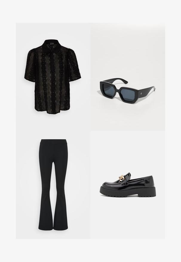 Mustaläheline pitsiblus, millel on kraega kaelus, lühikesed puffvarrukad, vertikaalsed triibumustrid ja nööpide sulgemine ees.; Mustad flared püksid venivast kangast, kõrge vöökoht ja sile tekstuur. Püksid laienevad põlve kohalt.; Mustad musta läikiva nahaga loaferid, millel on jäme must tald ja kuldsed detailid. Sujuv tekstuur ja ümar varvaste disain.; Mustad ümmargused prillid, millel on geomeetriline disain, ristküliku kuju läätsed ja läikiv viimistlus. Ees pole nähtavat brändingut.