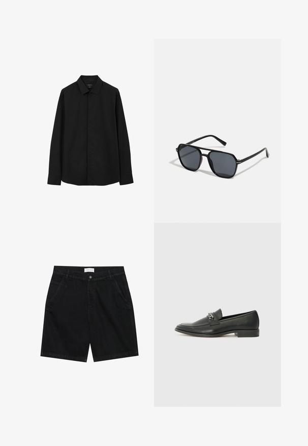 Maglietta nera a maniche lunghe con colletto classico, chiusura frontale con bottoni e una texture di tessuto liscia. Presenta polsini dritti e un design a vestibilità regolare.; Shorts in denim nero con vestibilità classica, caratterizzati da due tasche anteriori, chiusura con bottone e un'etichetta in vita. Tessuto strutturato.; Mocassino in pelle nera con finitura liscia, caratterizzato da un design cucito e da un accento decorativo in catena metallica sul vamp. Tacco piatto.; Occhiali da sole neri con montatura ottagonale, lenti scure, finitura lucida, aste sottili e dettagli dorati sul davanti.