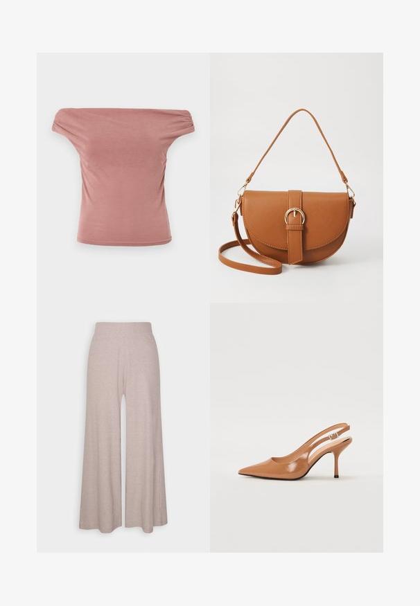 Õlgadelt avatud roosa topp, mis on valmistatud pehmest kangast. Omab kokku pandud varrukaid ja voogavat siluetti. Sile tekstuur ilma mustrite ja tarvikuteta.; Heledad hallharged püksid, mis on valmistatud pehmest, soonilisest kangast, kõrge vöökoht ja täispikkade jalgadega, millel on õrn tekstuur.; Küüntega slingback konts, mis on valmistatud siledast ja läikivast tan värvi materjalist. Omab kaarjat lõigatud disaini ja õhukest stiletto kontsa. Hõbedane pandla detail.; Pruun nahast õlakott, millel on kumer kuju, kullavärvi riistvara ja pandlaga kaunistus. Omab eemaldatavat õlarihma.