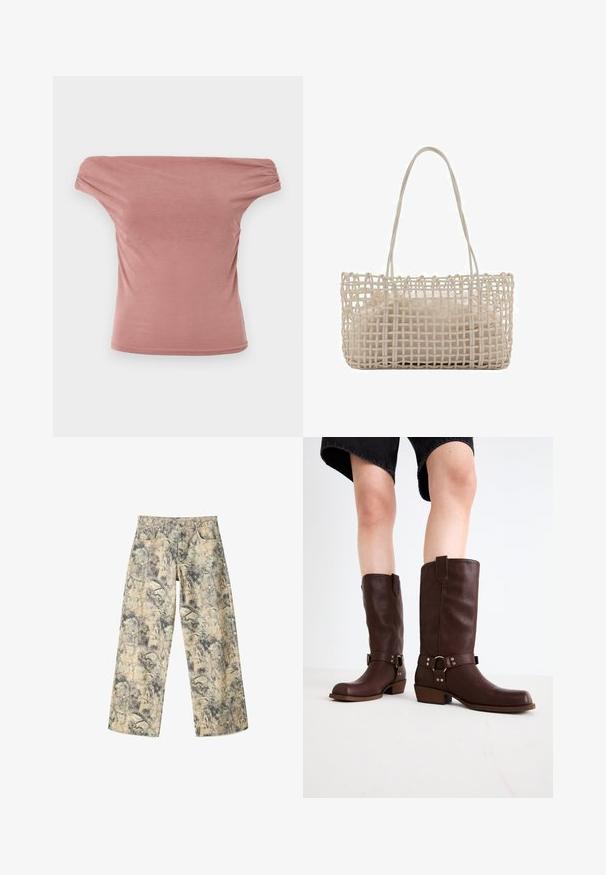 Top roz, cu umerii la vedere, realizat dintr-un material moale. Prezintă mâneci gathered și o silueta ajustată. Textură netedă, fără modele sau accesorii.; Pantaloni largi cu un model de camuflaj, prezentând nuanțe de verde, bej și gri. Construiti dintr-un material texturat cu un design tradițional al buzunarelor.; Cizme din piele maro, până la genunchi, cu vârf rotunjit, suprafață texturată, curea la gleznă și detalii din metal argintiu; toc înălțat.; Geantă din fibră împletită, de culoare bej deschis, cu formă dreptunghiulară și un pungă interioară moale; are două mânere lungi pentru transport.