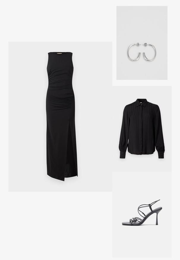 Schwarzes Langarmshirt aus glattem Stoff mit vertikalen Streifen, Kragen, Knopfleiste und gerafften Manschetten.; Schwarzes, ärmelloses Maxikleid mit gerafften Details im Oberteil und einem Schlitz bis zum Oberschenkel auf einer Seite. Hergestellt aus glattem, dehnbarem Stoff.; Schwarze, hochhackige Sandalen mit dünnen Riemen und einem geknoteten Design, einer glatten, rechteckigen Zehenpartie und einem eleganten Stiletto-Absatz.; Hellegraue metallische Handtasche mit einer Kettenriemen, verziert mit kleinen kreisförmigen metallic Nieten und einem dreieckigen Markenlogo.; Silberne Creolen mit einer glatten, glänzenden Oberfläche, einer gebogenen Form und einer Steckverschluss. Minimalistisches Design mit modernem Finish.