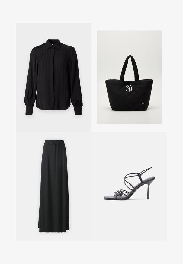 Maglietta nera a maniche lunghe realizzata in tessuto morbido con righe verticali, colletto, chiusura con bottone sul davanti e polsini arricciati.; Gonna maxi nera realizzata in tessuto morbido e elastico con una cintura elastica, caratterizzata da una silhouette fluida a trapezio.; Sandali neri con tacco alto presentano sottili cinturini con design annodato, una punta quadrata liscia e un elegante tacco a spillo.; Borsa a spalla nera imbottita con doppi manici, dotata di un logo bianco dei New York Yankees e un piccolo emblema del marchio sul lato.