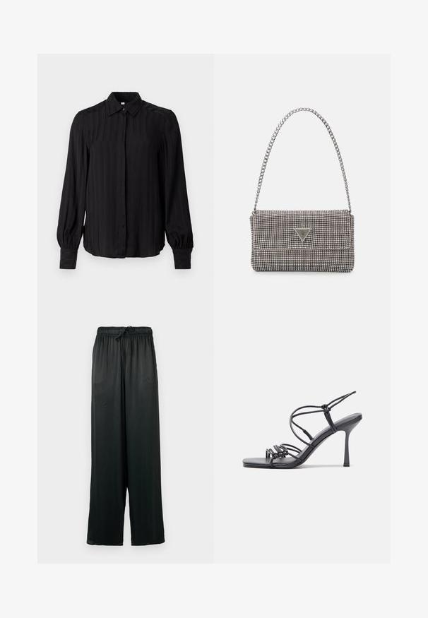 Cămașă neagră cu mânecă lungă, realizată dintr-un material neted, cu dungi verticale, guler, închidere cu nasturi și mansete plisate.; Pantaloni negri cu picioare largi, confecționați dintr-un material neted, având un tiv elastic cu șnur. Design simplu, minimalist.; Sandale negre cu toc înalt au curele subțiri cu un design legat, un vârf pătrat neted și un toc stiletto elegant.; Geantă metalică gri deschis, cu un strap din lanț, decorată cu mici ținte circulare metalice și un logo de marcă triangular.; Cercei rotunzi din argint cu un finisaj neted și strălucitor. Design ușor, având o formă rotundă și închidere cu tijă.