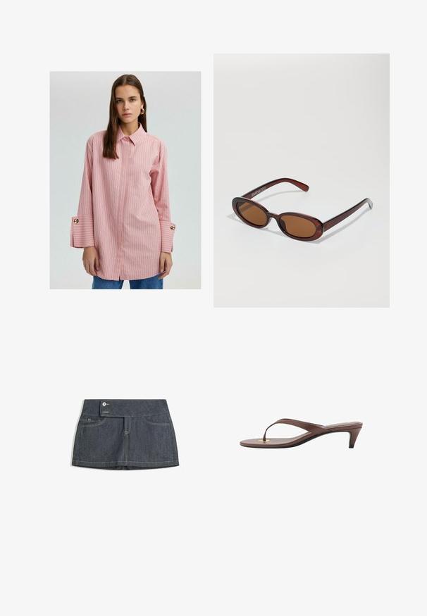 Lyserød stribet skjorte med krave, lange ærmer med guld knapdetaljer, og splitter i sømmene. Glat stof med en afslappet pasform.; Mørk denimnederdel med høj talje, der har to forlommer, en knaplukning og kontrastsying langs kanterne.; Brune hælflip-flop sandal med en slank rem og rund tåpost, der har et lille guldaccent på fodsengen.; Runde, bruntonede solbriller med en glansfuld bordeauxramme. Slanke arme med diskret brandingdetalje. Flad linsedesign.; Sort læder skuldertaske med en tynd justerbar rem og dekorativ bælte detalje på forsiden.; Sølvfarvede metalløreringe med to designmuligheder: en snoet cirkulær ring og en glat cirkulær stud. Reflekterende overflade forstærker elegance.