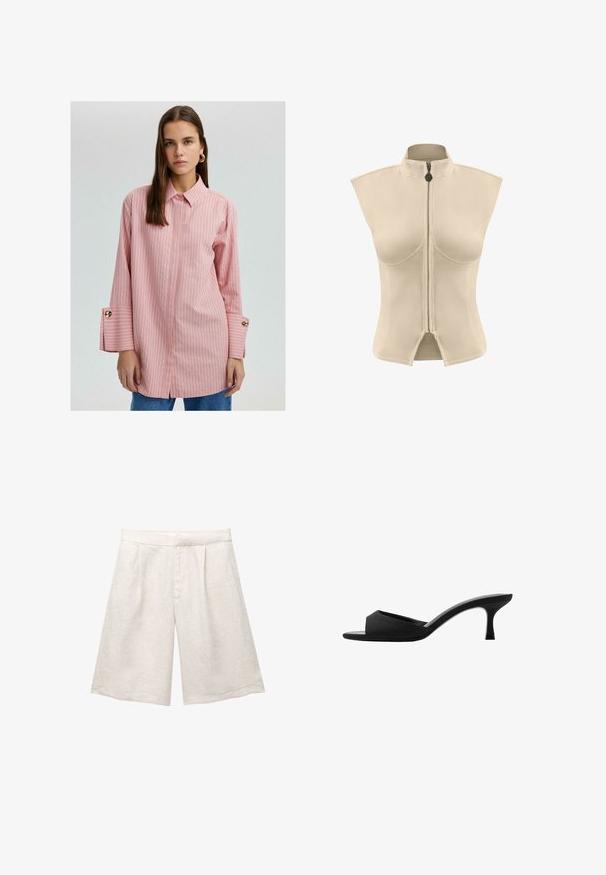 Rosa gestreiftes Hemd mit Knopfverschluss, Kragen, langen Ärmeln mit goldenen Knopfdetails und gespaltenen Säumen. Glattes Material mit lockerer Passform.; Beige ärmellose Jacke mit hohem Kragen und zentralem Reißverschluss. Glatter Stoff mit strukturierter Form und geschlitzt am Saum.; Beige Leinenbermudas mit weitem Bein, versehen mit Vorderfalten und glattem Bund. Der Stoff hat eine leicht strukturierte Oberfläche.; Schwarze Absatzmules mit einer breiten, offenen Zehenpartie und einem geschwungenen Oberteil. Hergestellt aus strukturiertem Stoff, mit einem schlanken Absatz und einer glatten Sohle.