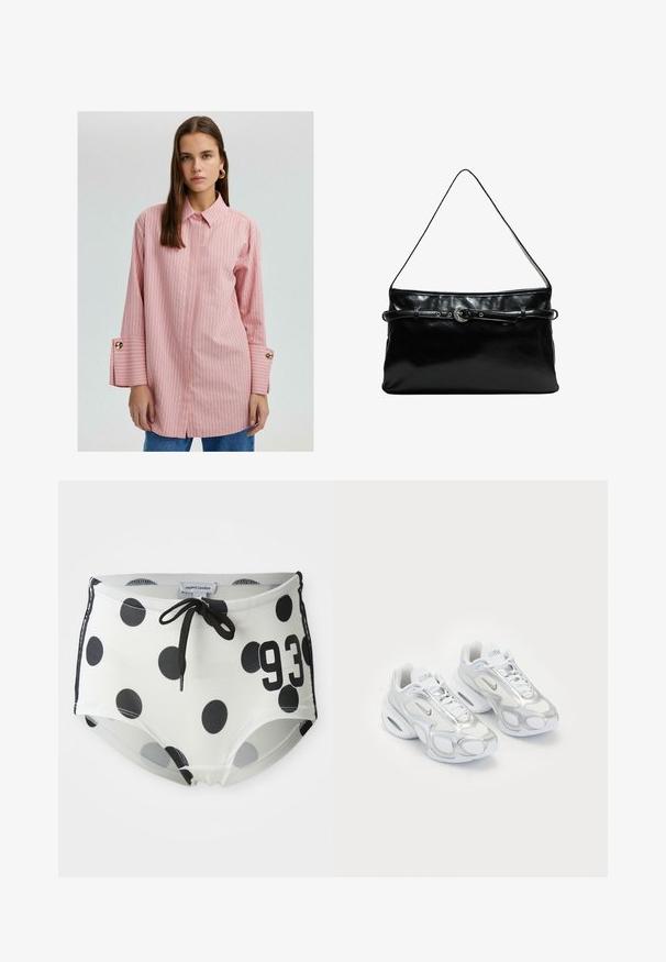 Lyserød stribet skjorte med krave, lange ærmer med guld knapdetaljer, og splitter i sømmene. Glat stof med en afslappet pasform.; Sort-hvide polkaprikkede svømmedragter med elastisk waistband og snørelukning, prydet med tallet "93" på forsiden og lavet af et glat, strækbart stof.; Hvide atletiske sko med en mesh-overdel og sølvfarvede accenter, en unik form og luftdæmpning i hælen. Snørebåndsdesign med logo.; Sort læder skuldertaske med en tynd justerbar rem og dekorativ bælte detalje på forsiden.; Sølvfarvede metalløreringe med to designmuligheder: en snoet cirkulær ring og en glat cirkulær stud. Reflekterende overflade forstærker elegance.