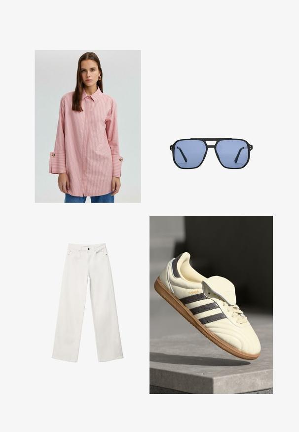 Roza prugasta srajca z gumbom in ovratnikom, dolgi rokavi z zlatimi gumbnimi detajli in razporki na koncih. Gladek material s sproščenim krojem.; Beli široki trapezni kavbojke iz denima, ki imajo visok pas, dizajn s petimi žepi in kovinsko zapiranje. Gladka tekstura, brez vzorcev.; Kremne usnjene superge s tremi temnimi črtami, rjavim gumjastim podplatom in zaobljenim nosom. Imajo zložljiv jezik z oznako "SAMBA."; Stradivarius RETRO - Sončna očala - light blue