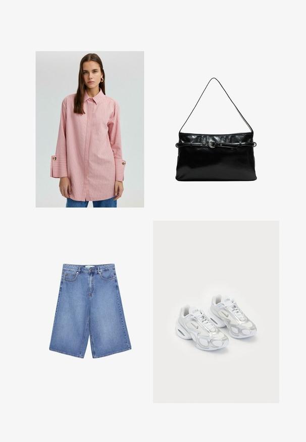 Roze gestreepte button-up shirt met een kraag, lange mouwen met gouden knoopaccenten en gespleten zomen. Glad materiaal met een ontspannen pasvorm.; Lichte blauwe denim culottes met een wijd uitgesneden pijp, uitgerust met vijf zakken, een knoopsluiting en subtiele vervagingdetails.; Witte sportieve schoenen met een bovenwerk van mesh en zilveren accenten, in een unieke vorm en met luchtkussen in de hiel. Gespannen ontwerp met logo.; Zwarte leren schoudertas met een dunne verstelbare schouderband en decoratieve riemdetails aan de voorkant.