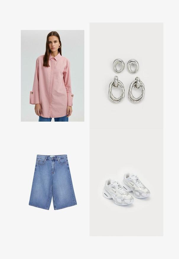 Pink striped button-up shirt with a collar, long sleeves featuring gold button accents, and split hems. Smooth fabric with a relaxed fit.; Denim culottes in light blue with a wide leg design, featuring five pockets, a button closure, and subtle fading details.; White athletic shoes featuring a mesh upper with silver accents, a unique shape, and air cushioning in the heel. Laced design with logo.; Silver-tone metal earrings featuring two pair designs: a twisted circular hoop and a smooth circular stud. Reflective surface enhances elegance.
