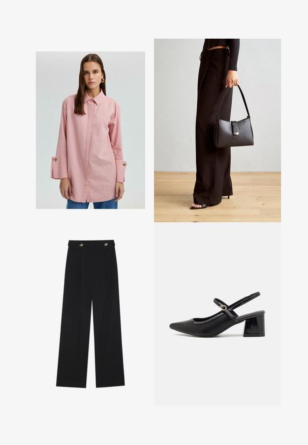 Vaaleanpunainen raidallinen nappikauluspaita, jossa on pitkät hihat ja kultaiset napit yksityiskohtina, sekä halkiot helmassa. Pehmeä kangas ja rento istuvuus.; Mustat leveälahkeiset housut, joissa on korkea vyötärö, napit vyötärönauhassa ja etupuolella laskokset.; Musta lakattu nahka slingback-korkokengät, joissa on terävä kärki, pyöreä aukko-muotoilu ja lohkokorko. Varustettu kultasävyisellä solkiyksityiskohdalla.; Musta käsilaukku, jossa on rakenteellinen muoto, sileä pinta ja metallinen solki. Yhdistetty leveisiin mustiin housuihin ja avonaiheisiin sandaaleihin puulattialla.