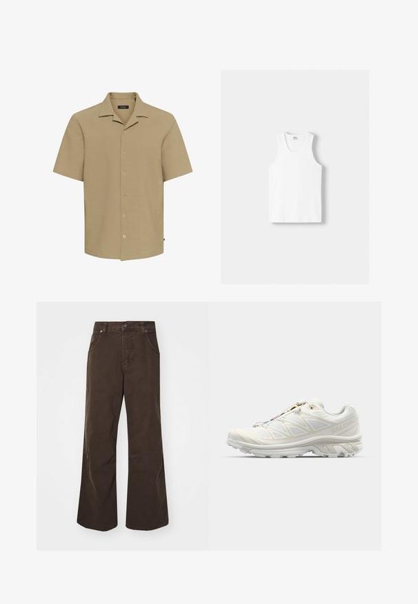 Rövid ujjú, galléros ing világos bézs, texturált anyagból, hét gombbal az elején; laza szabás és egyenes alj.; Fehér pamut ujjatlan felső kerek nyakkivágással, széles vállpántokkal és egyenes szegéllyel, sima textúrával, látható minták nélkül.; Barna, bő szárú nadrág, pamutból készült, magas derékkal, elülső zsebekkel és sima textúrával. A kivitelezés finom varrási részleteket tartalmaz.; Fehér futócipő légáteresztő hálós felsőrésszel, texturált részletekkel és párnázott talppal. Gyorsfűzős rendszerrel rendelkezik a könnyű illeszkedés érdekében.