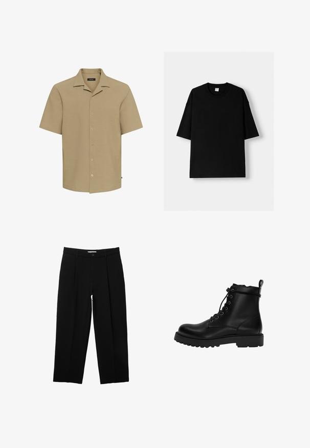 Košeľa s krátkym rukávom a golierom z jemne béžového textúrovaného materiálu so siedmimi gombíkmi vpredu; pohodlný strih a rovný lem.; Čierne bavlnené tričko s krátkymi rukávmi, okrúhlym výstrihom a voľným strihom. Hladká textúra a minimalistický dizajn, bez vzorov alebo akcentov.; PULL&BEAR DARTED - Nohavice - black; Čierne kožené šnurovacie členkové topánky s hrubou robustnou podrážkou a pútkom na zadnej strane.