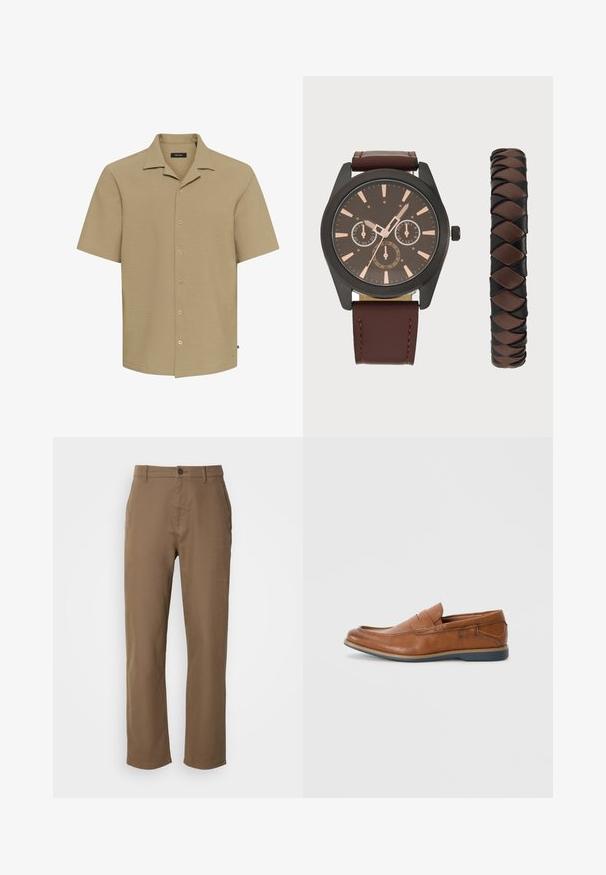 Lühikeste varrukatega, kraega särg, millel on helebeez tekstuuriga kangas ja seitse nööpauku ees; lõdva voolu ja sirge alläärega.; Pruunid puuvillased püksid, sirge lõike ja nööbiga kinnitusega, küljetaskudega. Omavad siledat tekstuuri ja lihtsat, kaunistamata disaini.; Prunadest nahkkingad ümmarguse varbaga, õmmeldud detailide ja madala kummitaldaga. Disain sisaldab riba üleval.; Pier One SET - Käekell - black/brown; Pier One SET - Käekell - black/brown