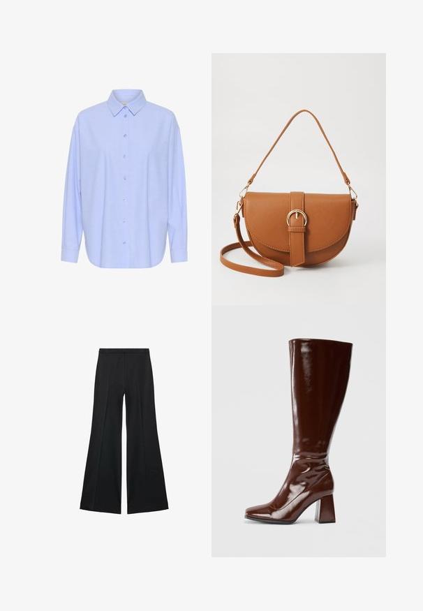 Light blue long-sleeve shirt with a button-down collar, front button closure, and slightly rounded hem. Soft fabric with a smooth texture.; Black wide-leg pants with a smooth texture, featuring front pleats and a tailored design. The fabric is lightweight and flowy.; Knee-high brown patent leather boots with a square toe, glossy finish, and a chunky heel for stability. Seamless design with no visible hardware.; Brown leather crossbody bag with a curved shape, gold hardware, and a buckle accent. Features a detachable shoulder strap.