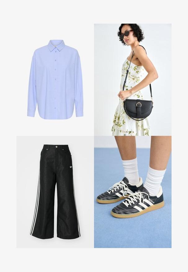 Világoskék, hosszú ujjú ing, gombos gallérral, elöl gombos záródással és enyhén lekerekített végződéssel. Puha anyag, sima textúrával.; Fekete, bő szárú farmernadrág, mindkét oldalon három fehér csík díszítéssel és egy kis fehér logóval. Elölzsebekkel és gombos záródással rendelkezik.; Fekete bőr sportcipők fehér csíkokkal, kerek orral, fehér fűzővel és gumírozott talppal. Párnázott bokarész és márkajelzések emelik ki.; Fekete bőrtáska ívelt formával, levehető pánttal és arany színű fémrészekkel. A táskán egy csattal díszített fedél található.