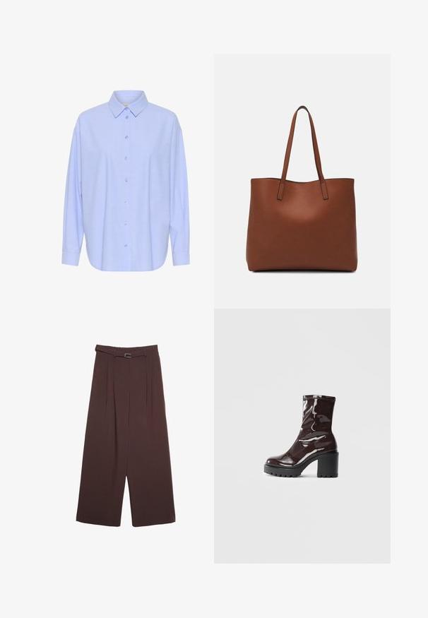 Light blue long-sleeve shirt with a button-down collar, front button closure, and slightly rounded hem. Soft fabric with a smooth texture.; Stradivarius WIDE-LEG WITH BUCKLE DETAIL - Trousers - dark brown; Glossy burgundy ankle boot with a chunky black heel, featuring a smooth texture and simple design. No visible fastenings or patterns.; Brown leather tote bag with a smooth texture, open top design, and two shoulder straps. Features minimal stitching and no visible hardware.
