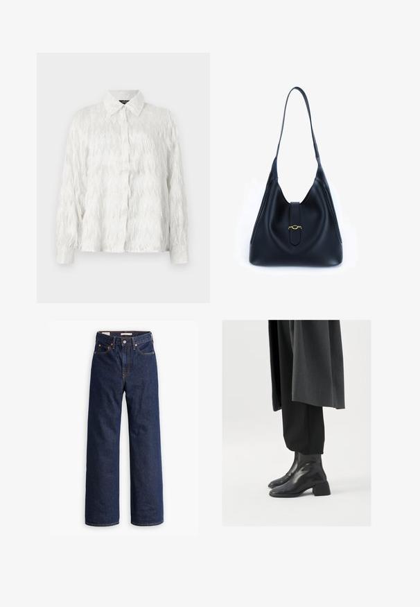Fehér gombos ing, textúrált cikkcakk mintával és rojtos részletekkel, klasszikus gallérral és hosszú ujjakkal.; Sötétkék egyenes szárú farmernadrág öt zsebbel, narancssárga varrással és gombos záródással.; Fekete bőr bokacsizma négyzetes orral és vastag sarkal, laza fekete nadrággal és sötétszürke kabáttal viselve. Simára csiszolt felületi textúra.; Fekete bőr kézitáska, puha, laza dizájnnal. Lapított pánttal és középső záródással rendelkezik, amelyet arany díszít.