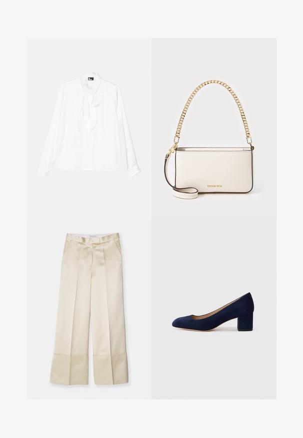 Chemise blanche à manches longues avec un devant froncé, fermeture à boutons et détail de nœud autour du cou. Texture lisse avec un col classique et coupe décontractée.; Pantalons beige à jambes larges en tissu lisse avec une taille haute, un devant plissé et un ourlet replié, dotés de poches latérales et d'une finition soignée.; Escarpin en daim bleu marine avec un bout pointu et un talon bloc de hauteur intermédiaire. Texture lisse avec un subtil éclat et une petite découpe à l'avant.; Sac à main en cuir blanc avec une finition texturée, doté d'une chaîne en or et d'une bandoulière amovible. Logo embossé à l'avant.