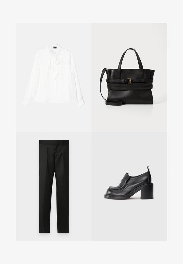 Balta ilgomis rankovėmis marška su raukšlėtu priekiniu dalimi, segama mygtukais ir su kaklo juostele. Lygus paviršius su klasikiniu apykakle ir laisvu siluetu.; Juodos kelnės su lygiu audiniu, pritaikytu dizainu, tiesiomis kojomis ir plokščiu juosmeniu be matomų užsegimų ar kišenių.; Juodi odiniai aukštakulniai batai su apvaliu nosiu, ryškiu diržu per vampą ir masyviu kulnu. Lygi tekstūra su minimaliais siūlais.; Juodas odinis rankinukas su struktūrizuota forma, dviem viršutinėmis rankenomis, nuimamu dirželiu ir auksiniu užsegimu horizontalioje juostoje.