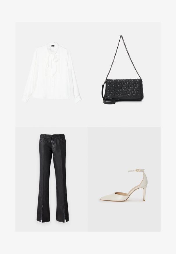 White long-sleeve shirt with a ruffled front, button closure, and tie-neck detail. Smooth texture with a classic collar and relaxed fit.; Black flared trousers with a glossy finish, featuring two front pockets and slits near the hem, made from durable fabric.; White leather high-heeled shoe with a pointed toe, ankle strap, and a slim stiletto heel. Smooth texture with subtle glossy finish.; Black quilted leather bag with a chain strap, featuring skull accents and a zip closure. Textured surface with a glossy finish.