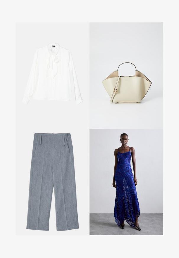 Weißes Langarmhemd mit Rüschendetails an der Vorderseite, Knopfleiste und Bindeband am Kragen. Glatte Textur mit klassischem Kragen und lässiger Passform.; Hellgraue, weit geschnittene Hosen aus strukturiertem Stoff, mit zwei vorderen Falten und zwei Seitentaschen. Sauberes, maßgeschneidertes Design.; Maxikleid im blauen und lila Tiermuster mit dünnen Trägern, einem taillierten Oberteil, ausgestelltem Saum und transparenten Überlagerungen.; Ree Projects ANN - Handtasche - beige
