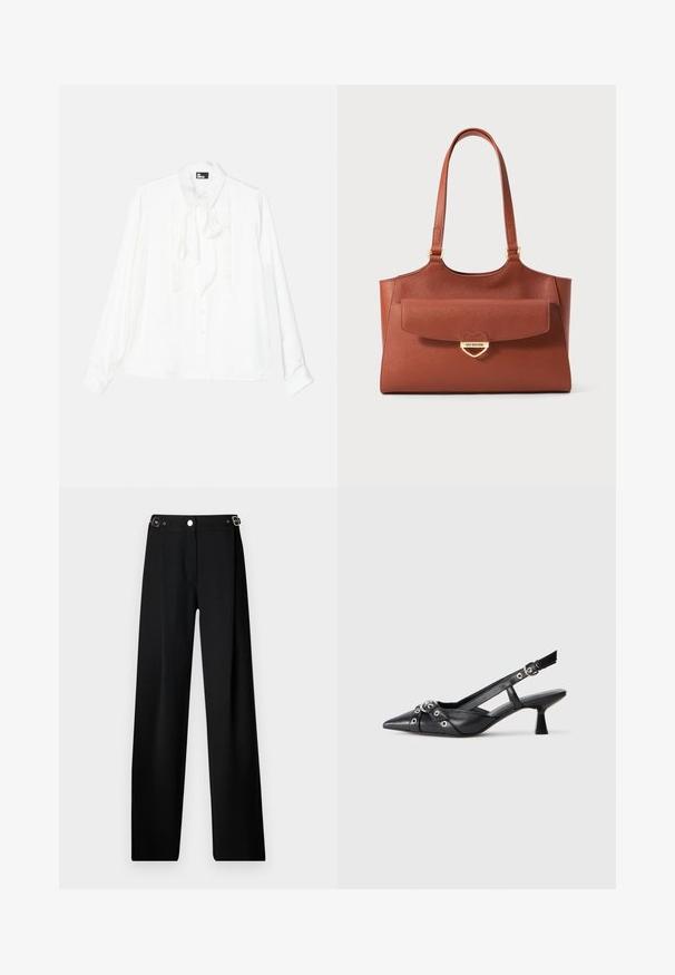 Valge pikkade varrukatega särk, millel on volangiga esiosa, nupuga kinnitamine ja lipsukaelus. Sile tekstuur klassikalise kraega ja vabalt langev lõige.; Laiad mustad püksid tekstureeritud kangast, millel on hõbedased aksessuaarid ja nupuga sulgemine.; Must must have must toote tõmblukuga, dekoratiivsed rihmad metallist silmadega ja madal blokk-kand. Tekstureeritud pind.; Pruun nahast kott pikade sangadega, esiküljel klapiga tasku ning kuldsest südamekujulist pandlat, millel on graveering "Love Moschino."