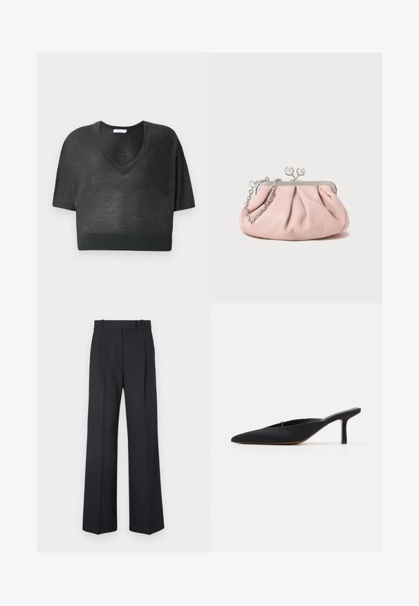 Black cropped T-shirt in lightweight fabric, featuring a V-neck, short sleeves, and ribbed hem. Minimalistic design with no patterns or accents.; Dark blue pinstriped trousers with a high waist, wide leg design, and no visible hardware or embellishments. Smooth texture and tailored fit.; Black pointed-toe mule with a sleek design, made of smooth fabric, featuring a slender heel and open back for easy wear.; Pink leather clutch bag with a gathered design, metal frame, two round clasps, and a silver chain strap. Smooth texture, compact shape.