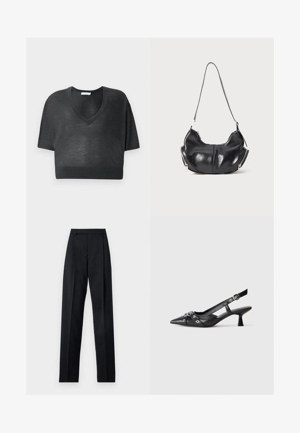 Fekete rövid crop T-shirt könnyű anyagból, V-nyakkal, rövid ujjakkal és bordás szegéllyel. Minimalista dizájn, minta vagy kiegészítők nélkül.; Fekete nadrág sima anyagból, magas derékkal, széles lábakkal, elülső redőkkel és klasszikus övhurkokkal. Oldalzsebek nem láthatók.; Fekete bőr slingback cipő hegyes orral, dekoratív pántokkal, fém szemekkel és alacsony blokk sarkú. Texturált felület.; Fekete bőr, félhold alakú válltáska ezüst cipzárakkal mindkét oldalon és egyetlen pánttal.