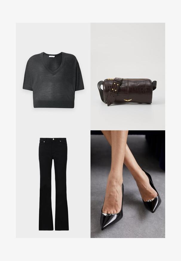 Juodas trumpas marškinėliai, pagaminti iš lengvo trikotažo, su V formos iškirpte ir trumpomis rankovėmis, turinčiomis dryžuotą apdailą.; Juodi plačios kojų džinsai, pagaminti iš denimo, turintys dvi priekinės kišenes, užsegimą su mygtuku ir lygią tekstūrą. Išsiuvinėjimas matomas siūlėse.; Juodos odinės aukštakulnės bateliai su smailiu pirštu ir atvira konstrukcija, dekoruoti sidabriniu akcentu. Lygus paviršius su blizgiu apdaila.; Ruda krokodilo odspaudo odinė rankinė cilindro formos, su auksinėmis detalėmis ir nuimamu dirželiu, papuoštu studelėmis.