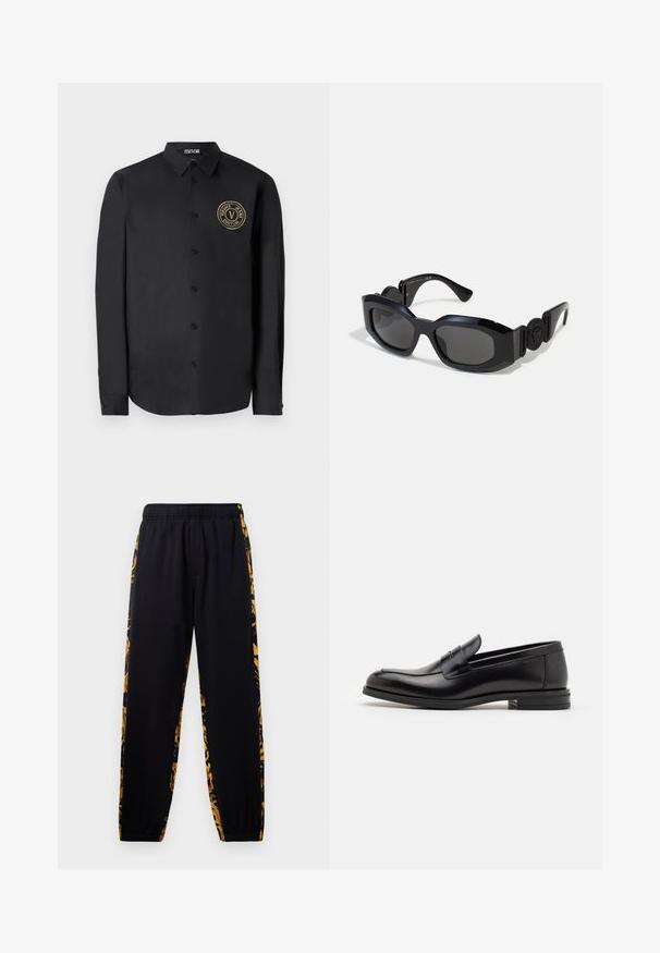 Juoda ilgomis rankovėmis marškinėliai iš lygaus audinio su apvaliu hemu. Puošia auksinė apvali logotipas kairiajame krūtinės pusėje ir klasikinis apykaklė.; Juodos sportinės kelnės su elastingu juosmeniu ir rema, pasižyminčios aukso ir juodų gėlių rašo šoninėmis juostomis.; Juodos odinės loafers, turinčios lygų paviršių, apvalią noselę ir dekoratyvinę juostą per priekinę dalį. Žemas krentantis kulnas, minimalistinis dizainas.; Juodos saulės akinių su plačiu, kampuotu rėmu ir tamsiais lęšiais. Savybės: tekstūruotos juodos šoninės dalys ir apvalus logotipo akcentas ant šventyklių.