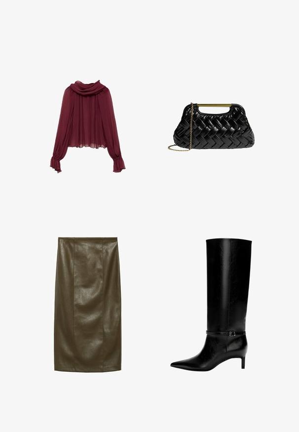 Bordová šifónová blúzka s drapovaným výstrihom a dlhými rukávmi. Rukávy majú zhromaždené manžety, čo vytvára plynulý siluet.; Olívovo zelená sukňa z imitácie kože typu ceruzka s hladkou textúrou, po kolená, s vertikálnymi švami pre upravený vzhľad.; Čierne kožené čižmy po kolená s špicatou špičkou a malým opätkom. Obsahujú úzku pracku s kovovou sponou okolo členka. Hladký povrch.; Čierna tkaná kožená kabelka so zlatým kovovým držadlom a odnímateľným reťazcom. Má lesklý povrch a jemne zaoblený tvar.