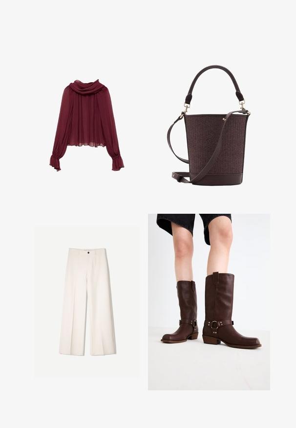 Burgundska šifonasta bluzica z drapiranim ovratnikom in dolgimi rokavi. Rokavi imajo naborke na manšetah, kar ustvarja tekočo silhueto.; Kremne široke hlače s krojem, ki vključujejo dve sprednji žepi in en sprednji gumb za zapiranje, izdelane iz gladkega blaga.; Rjave usnjene čizme do kolen s zaobljenim nosom, teksturirano površino, trakovi okoli gležnja in srebrni detajli; zasnovane s steknjenim peto.; Rjava kvačkana torbica z oblikovano obliko, gladkimi usnjenimi poudarki, zgornjim ročajem in snemljivim naramnim trakom. Detajli v zlati barvi.