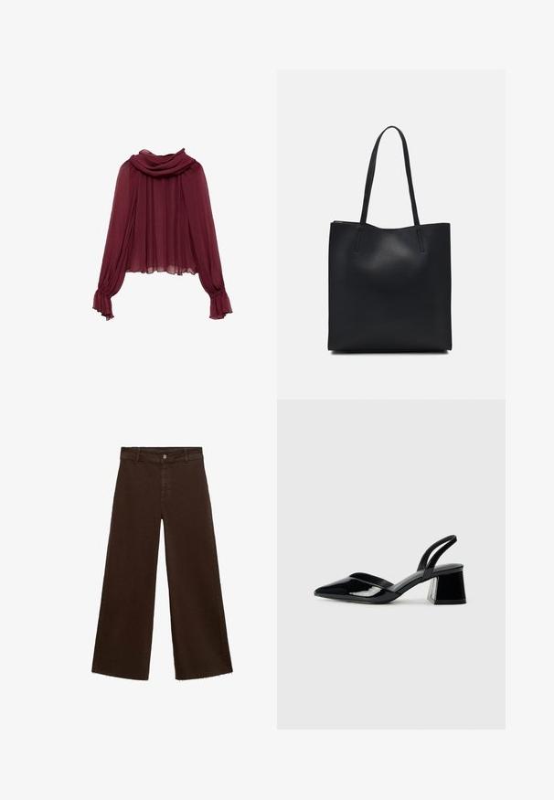 Burgunderfarbene Chiffon-Bluse mit einem drapierten Ausschnitt und langen Ärmeln. Die Ärmel haben geraffte Bündchen, die eine fließende Silhouette schaffen.; Braune, weit geschnittene Hosen aus Baumwollmischung mit fransigem Saum, vorderem Knopfverschluss und klassischem Fünf-Taschen-Design. Minimalistisch und vielseitig.; Schwarze Lackleder-Slingback-High Heels mit spitzem Schuh und einem geometrischen Blockabsatz. Verfügt über ein schlankes, minimalistisches Design und eine glatte Textur.; Schwarze Laptoptasche aus Leder mit glatter Textur, rechteckiger Form und zwei langen Griffen. Keine sichtbaren Beschläge oder Verzierungen.