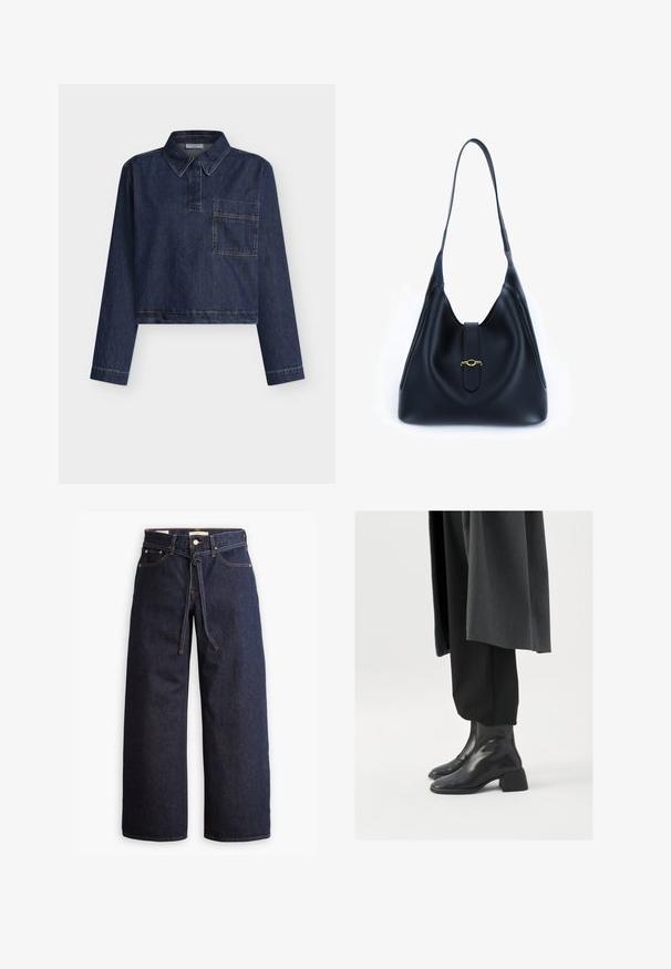 Kratka jeans srajca temno modre barve, z ovratnikom na gumbe, sprednjim žepom in dolgimi rokavi z vezenimi detajli ob šivih.; Mornarska dolga majica s polo ovratnikom. Narejena iz mehkega blaga z gladko teksturo. Ima prilegajočo se zasnovo in visok ovratnik brez vidnih šivov.; Široke temno modre kavbojke z visokim pasom, ki imajo vrvico za zavezovanje, pet žepov in kontrastne šive.; Črne usnjene gležnjarje s kvadratnim nosom in masivnim petam, oblečene s sproščenimi črnimi hlačami in temno sivo jakno. Gladka površinska tekstura.; Črna usnjena torbica s mehkobo in sproščenim dizajnom. Ima raven trak in osrednje zapiranje z zlatim poudarkom.