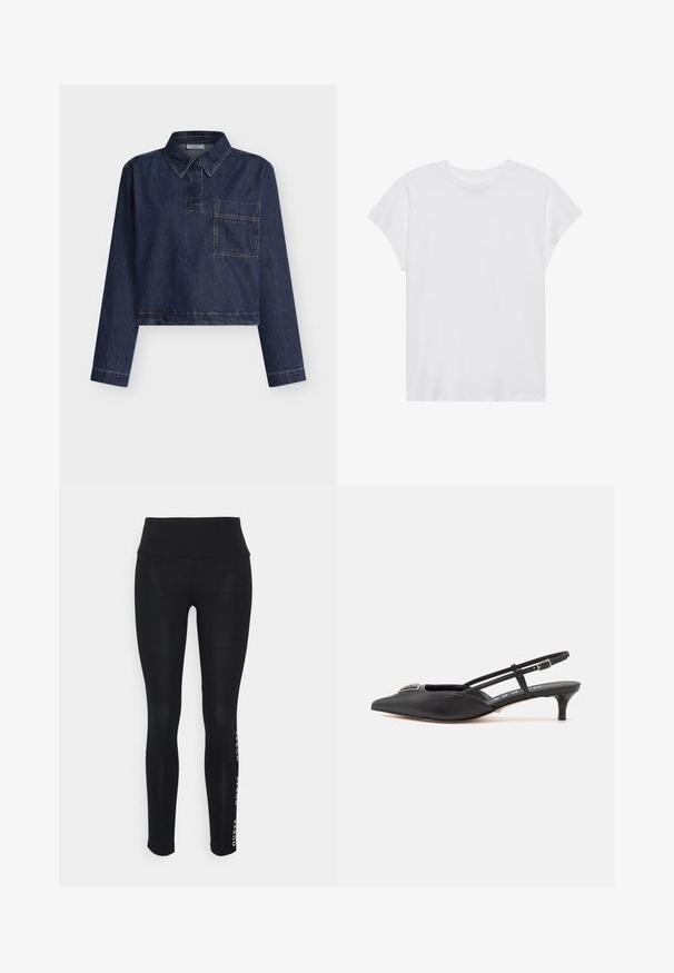 Bijgesneden denimoverhemd in donkerblauwe tint, met een boord met knopen, een borstzak aan de voorkant en lange mouwen met gestikte details langs de naden.; Witte t-shirt met korte mouwen, ronde hals, relaxte pasvorm, gemaakt van zacht katoen. Glad textuur, geen patronen of logo's.; Zwarte legging met een hoge taille, gemaakt van een soepele stof. Kenmerkt zich door een geprinte merklogo aan de zijkant. Ontworpen voor comfort en flexibiliteit.; Zwarte slingback schoenen met een puntige neus, gemaakt van glad materiaal, met een kleine hak en een decoratieve zilverkleurige accent op de wreef.