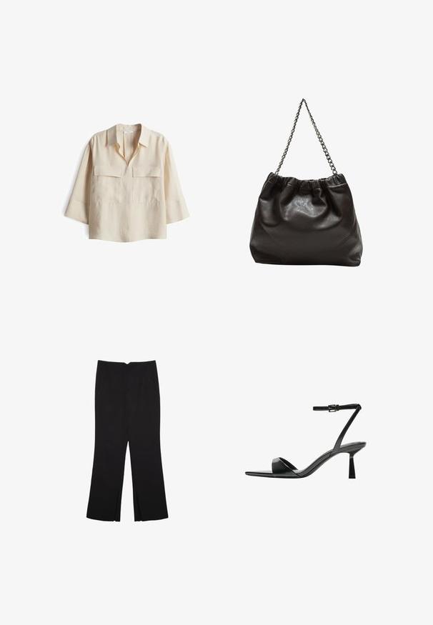 Camicia in lino beige chiaro con taglio dritto, maniche corte e due tasche frontali. Presenta un colletto classico e dettagli minimi.; Pantaloni neri a gamba dritta, con tasche frontali e spacchi laterali all'orlo. Realizzati in tessuto morbido e liscio. Adatti a diverse occasioni.; Bershka Sandali con tacco - black; Borsa in pelle marrone con parte superiore arricciata e tracolla a catena. Texture liscia con finitura lucida e dettagli di cucitura sottili sui lati.