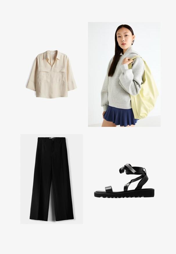 Camicia in lino beige chiaro con taglio dritto, maniche corte e due tasche frontali. Presenta un colletto classico e dettagli minimi.; Pantaloni neri a gamba larga realizzati in tessuto leggero, caratterizzati da una chiusura frontale con bottone e frontale piatto, con orli cuciti con precisione.; Sandali neri con suola testurizzata, dotati di sottili cinturini e un design annodato. Realizzati in materiale elegante, forma moderna e punta aperta.; Felpa grigia oversize con tasca a marsupio, abbinata a una gonna svasata blu navy. Accessorio: grande zaino giallo chiaro, di texture liscia.