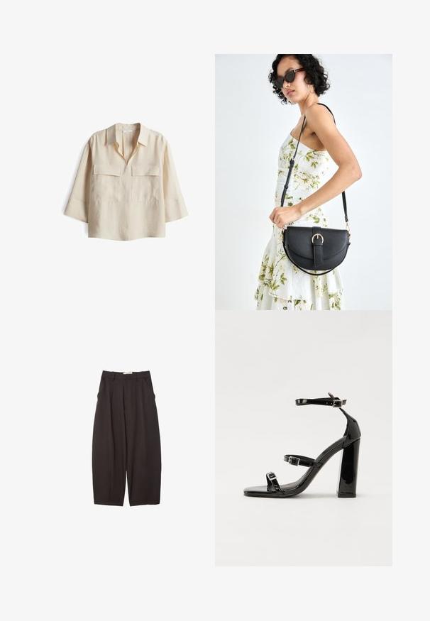 Camicia in lino beige chiaro con taglio dritto, maniche corte e due tasche frontali. Presenta un colletto classico e dettagli minimi.; Pantaloni neri a gamba larga realizzati in un tessuto morbido, con vita alta, pieghe frontali e tasche laterali. Design semplice senza decorazioni.; Sandali con tacco in vernice nera, con punta squadrata, cinturini alla caviglia e fibbie in argento. Presentano un tacco a blocco spesso per maggiore stabilità.; Borsa a tracolla nera in pelle con una forma curva, manico rimovibile e accessori dorati. La borsa presenta una patta con un dettaglio a fibbia.