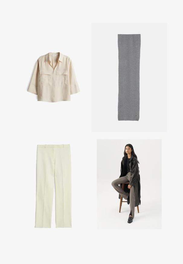 Lichtbeige linnen shirt met rechte snit, korte mouwen en twee voorkeurszakken. Heeft een klassieke kraag en minimale details.; Crème-kleurige op maat gemaakte broek met een recht model, met een platte voorkant, riemlussen en een soepele textuur.; Zwarte leren trenchcoat met knopen en riemdetails, gecombineerd met lichtbruine getailleerde broek en zwarte loafers, zittend op een houten kruk.; Grijze gebreide sjaal, rechthoekige vorm, geribbelde textuur, met een klein logoaccent in de hoek. Zachte stof, gelijkmatige kleurverdeling.; Grijze gebreide handschoenen met een geribde manchet, met vijf aparte vingers en een zachte textuur, ideaal voor warmte en comfort.