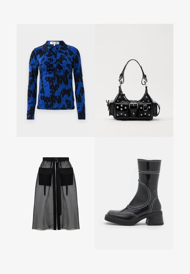 Hosszú ujjú ing kék és fekete absztrakt mintázatban. Kerek nyakkivágással és gombos záródással rendelkezik, középen ráncolt részlettel.; Fekete áttetsző szoknya ráncolt derékrésszel, két nagy elülső zsebbel, derékpánttal és kör alakú fém díszítéssel.; Fekete lakkbőr bokacsizma fehér varrással, kerek orral és blokk sarkal. Görbült formai vonalakkal és sima textúrával rendelkezik.; Fekete bőr kézitáska ívelt designnal, ezüst szegecsekkel, csattal és két oldalsó zsebbel. Állítható vállpánt a hordozási lehetőségekhez.