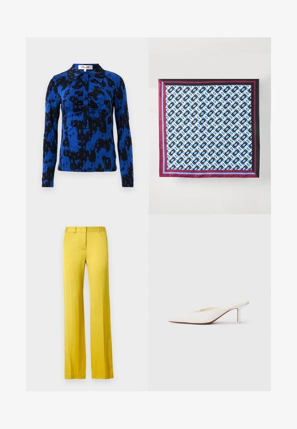 Langsleeve shirt in een abstract patroon van blauw en zwart. Heeft een kraag en een knoopsluiting met gerafelde details in het midden.; Wijd uitlopende broek in felgeel, gemaakt van gladde stof. Voorzien van een voorzak en een getailleerde tailleband voor een gestructureerde uitstraling.; Witte muiltjes met spitse neus en een lage stilettohak. Gemaakt van glad materiaal met een minimalistisch ontwerp en subtiele tan kleurige zooldetails.; Zijde sjaal met een herhalend blauw en zwart patroon op een witte achtergrond, omrand met kastanjebruine en blauwe strepen langs de randen.
