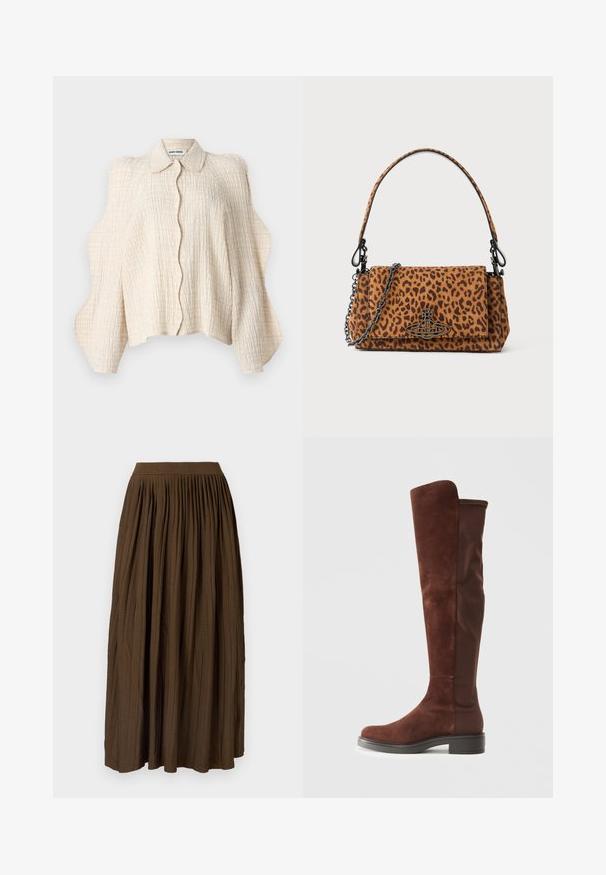 Cremfarbens Hemd mit Knöpfen und einem strukturierten Gittermuster. Verfügt über breite, skulpturale Ärmel und einen spitzen Kragen. Der Stoff scheint leicht zu sein.; Brauner, plissierter Maxirock mit breitem, elastischem Bund und strukturiertem Stoff, der vertikale Falten für zusätzlichen Detailreichtum und Bewegungsfreiheit bietet.; Hohes braunes Wildleder- und Stoffboot mit niedrigem schwarzem Absatz und abgerundeter Zehenform, seitlich auf einem schlichten weißen Hintergrund abgebildet.; Tasche im Leopardenmuster aus Wildleder mit kurzem Tragegriff, einer Kettenriemen und einem schwarzen Hardware-Verschluss. Rechteckige Form mit Klappenverschluss.