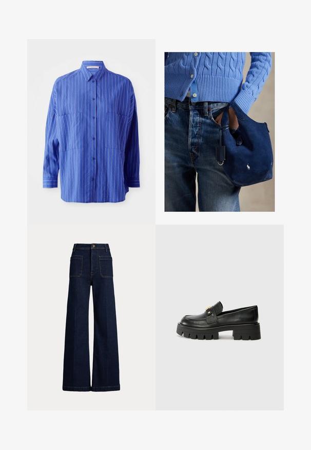 Camicia azzurra con bottoni e righe bianche, dotata di colletto, maniche lunghe e due tasche frontali. Tessuto liscio con una vestibilità leggermente ampia.; Jeans in denim scuro a gamba larga con vita alta, design a cinque tasche e cuciture a contrasto. Presentano una chiusura con bottone e una forma strutturata.; Mocassini in pelle nera con suola spessa, caratterizzati da un accento dorato nella parte anteriore e una finitura liscia. Design della suola con profilo spesso.; Borsa in suede blu navy con texture morbida, doppi manici e piccola targhetta applicata. Presenta un logo bianco sulla parte frontale e una base arrotondata.