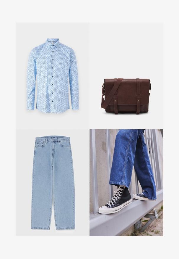 Cămașă albastră deschis, cu un model de mici puncte albastre închise, cu mâneci lungi și guler clasic. Prezintă butoane negre.; Top din bumbac alb, cu decolteu rotund, bretele late și margine dreaptă, având o textură fină și fără modele vizibile.; Jeans din denim de culoare albastru deschis, cu un design cu picioare drepte, având talie medie, cinci buzunare și un sistem de închidere cu nasture și fermoar.; Tenisi negri tip gheată cu talpă și șireturi albe, asortați cu blugi albaștri largi, sprijiniți pe un balustradă gri.; Geantă de umăr din piele maro, cu un capac frontal plat, două curele, accente din hardware auriu și o curea de umăr reglabilă.