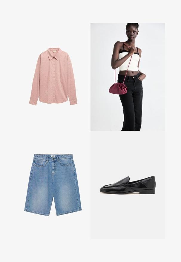 Vaaleanpunainen pitkähihaisena nappipaita, jossa on kaulus ja teksturoitu pilkkukuvio. Valmistettu pehmeästä kankaasta, jossa on rakenteelliset hihat.; Farkkushortsit vaaleansinisinä, suoran leikkauksen ja viiden taskun designilla, sekä kontrastivärillä ommeltuina. Varustettu nappi- ja vetoketjusuljennalla.; Mustat nahka loaferit, joissa on sileä pinta, etureunassa ommeltu muotoilu ja matala, neliönmuotoinen korko.; Burgundi pehmeast kangast käekott, millel on kortsuline disain ja pikk rihm, kantud üle rinna. Modell kannab valget lühikest toppi ja musti teksaseid.