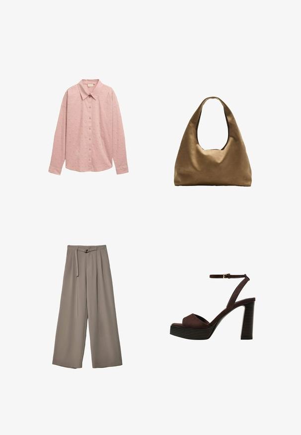 Svetloružová košeľa s dlhým rukávom a gombíkmi, s golierom a textúrovaným bodkovaným vzorom. Vyrobená z mäkkej látky s tvarovanými rukávmi.; Široké nohavice v jemnej, tlmenej šedej tkanine, s opaskom v pase a vreckami pre dodatočný dizajnový detail. Hladký povrch, bez vzorov.; Hnedé semišové sandále na vysokom podpätku s otvorenou špičkou, nastaviteľným členkovým remienkom a pruhovanou platformovou podrážkou.; Hnedá látková taška cez rameno s širokým, zaobleným telom a veľkým vyrezaným uchom. Mäkčená textúra, minimalistický dizajn a bez viditeľného kovania.