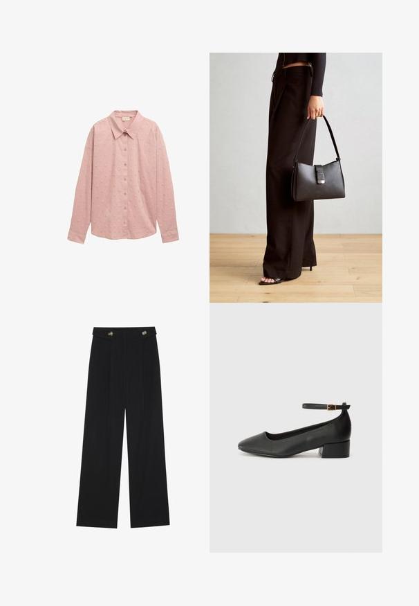 Šviesiai rožinė ilgomis rankovėmis marškiniai su apykakle ir tekstūriniais taškeliais. Pagaminta iš minkštos medžiagos su suformuotomis rankovėmis.; Juodi plačios kojos kelnės su aukštu liemeniu, sagų detalėmis ant liemens ir priekinėmis raukšlėmis.; Juodas odinis aukštakulnis batelis su smailiu pirštu ir žemu bloku. Su kulkšnies dirželiu su auksinės spalvos sagtimi. Lygus paviršius.; Juodas rankinė struktūrizuota forma, lygi tekstūra ir metalinis užsegimas. Suporuota su plačiomis juodomis kelnėmis ir atvirais bateliais ant medinių grindų.