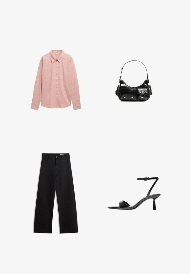 Svetloružová košeľa s dlhým rukávom a gombíkmi, s golierom a textúrovaným bodkovaným vzorom. Vyrobená z mäkkej látky s tvarovanými rukávmi.; Čierne denimové nohavice s širokými nohavicami a vysokým pásom, so prednými a zadnými vreckami, šitými švami a zapínaním na gombík. Hladká textúra.; Bershka Sandále na vysokom opätku - black; Čierna laková kožená kabelka s ohnutým tvarom, jedným ramenným popruhom, prednými vreckami a striebornými kovovými doplnkami.